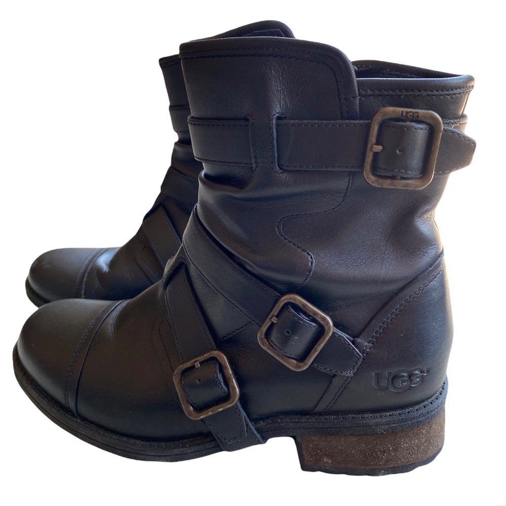 UGG W Finney Women’s Black Leather Moto Boot Sz. 8